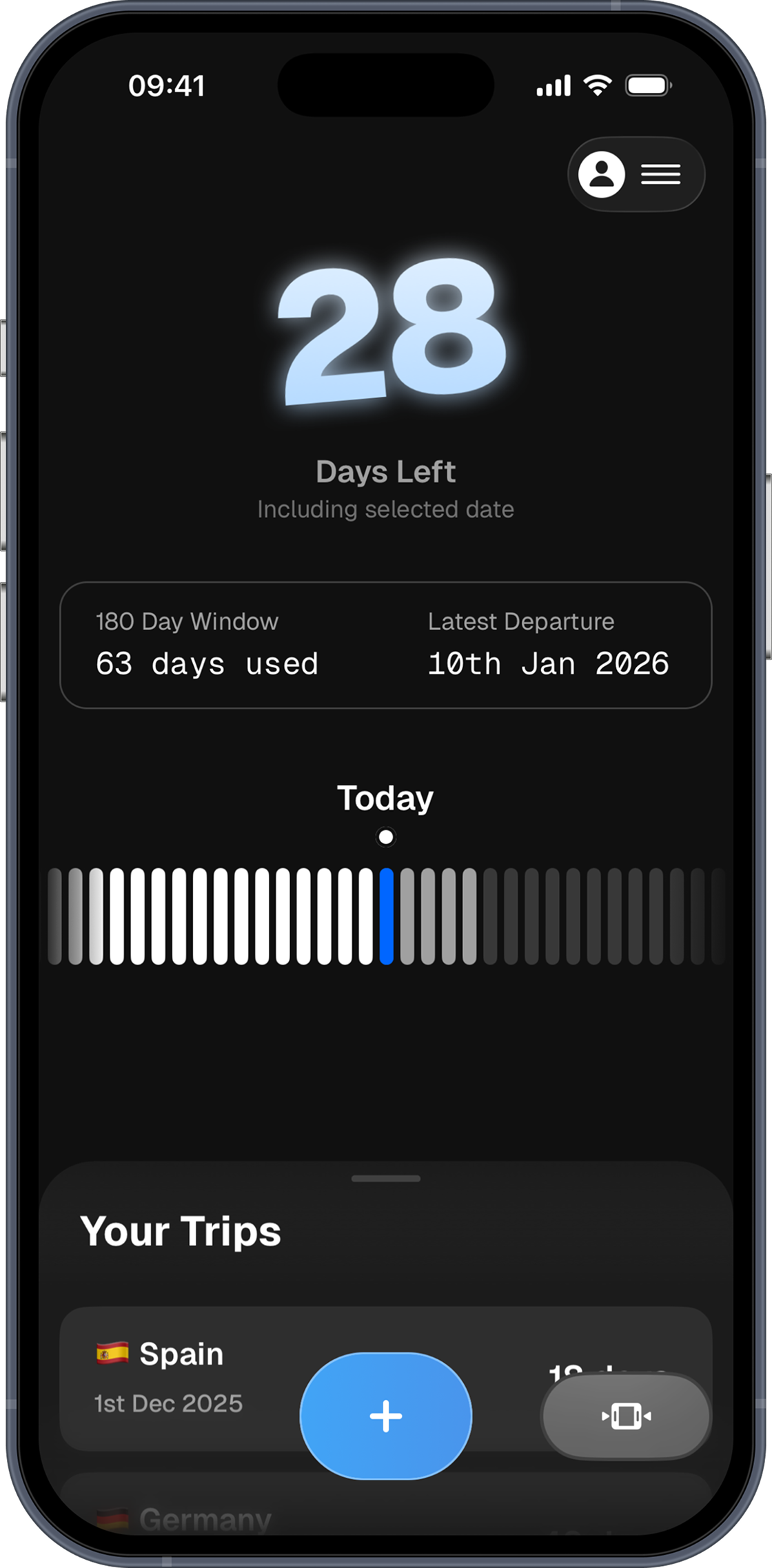 Home screen showing days remaining in the Schengen area