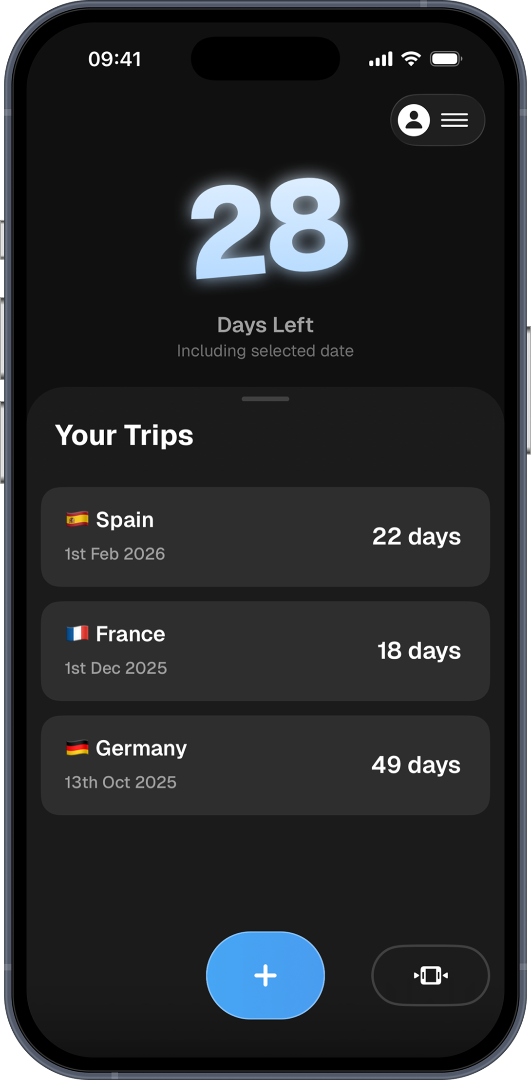 List of logged trips with their entry and exit dates